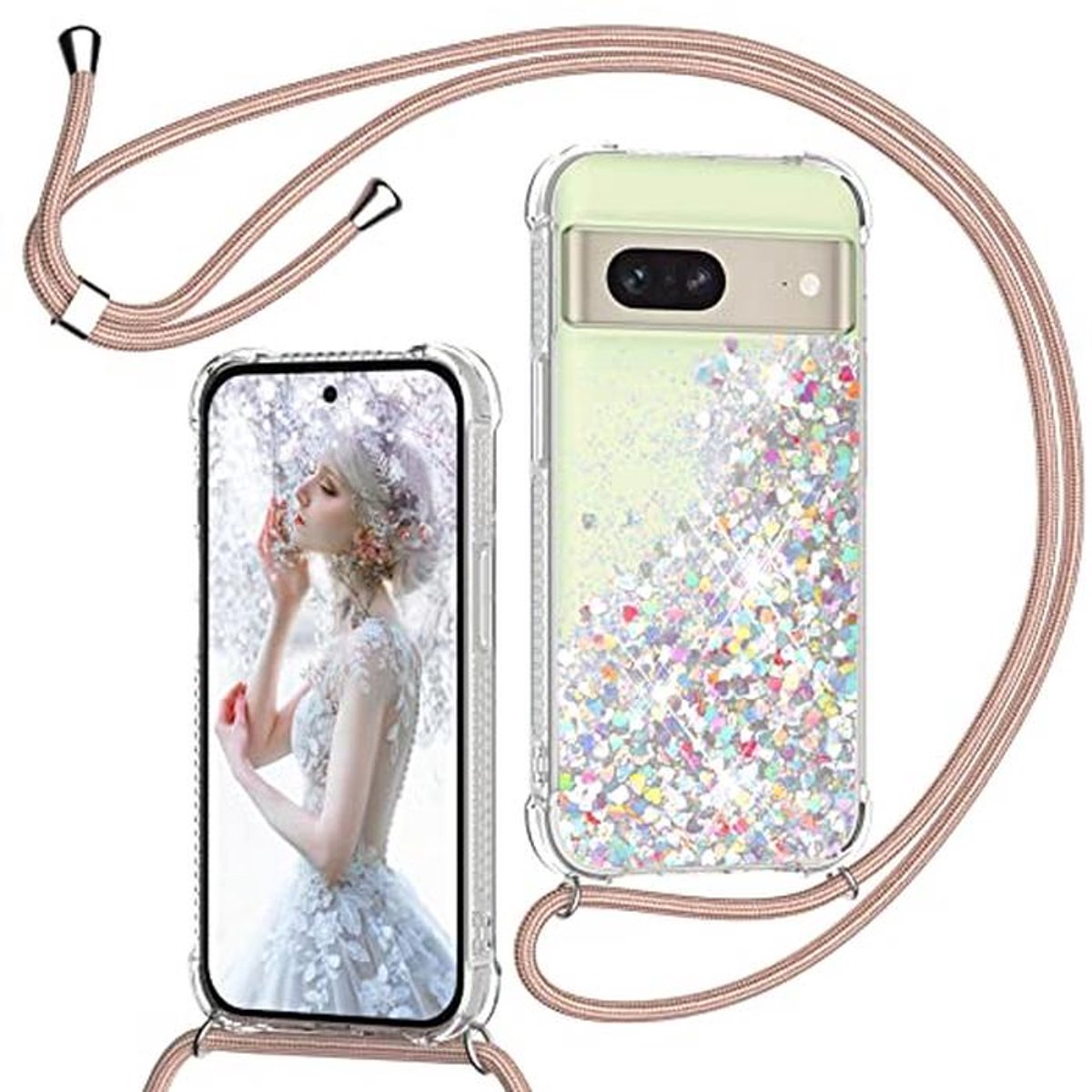 Glitter Telefoonketting Hoes voor Google Pixel 7 - Schokbestendig en Stijlvol Met Koord