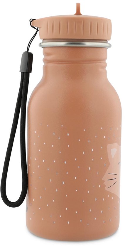Roestbruine drinkfles met stippenpatroon en een kattengezicht, met zwart lusje.