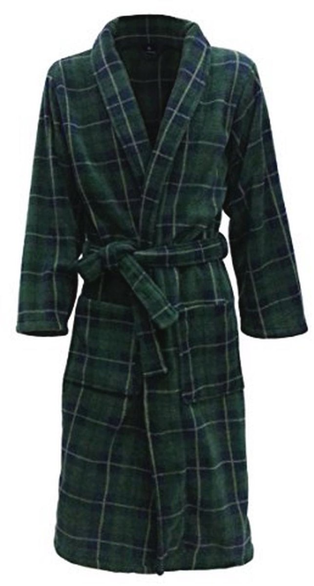 Fleece Badjas in Groen met Schotse Ruit en Sjaalkraag