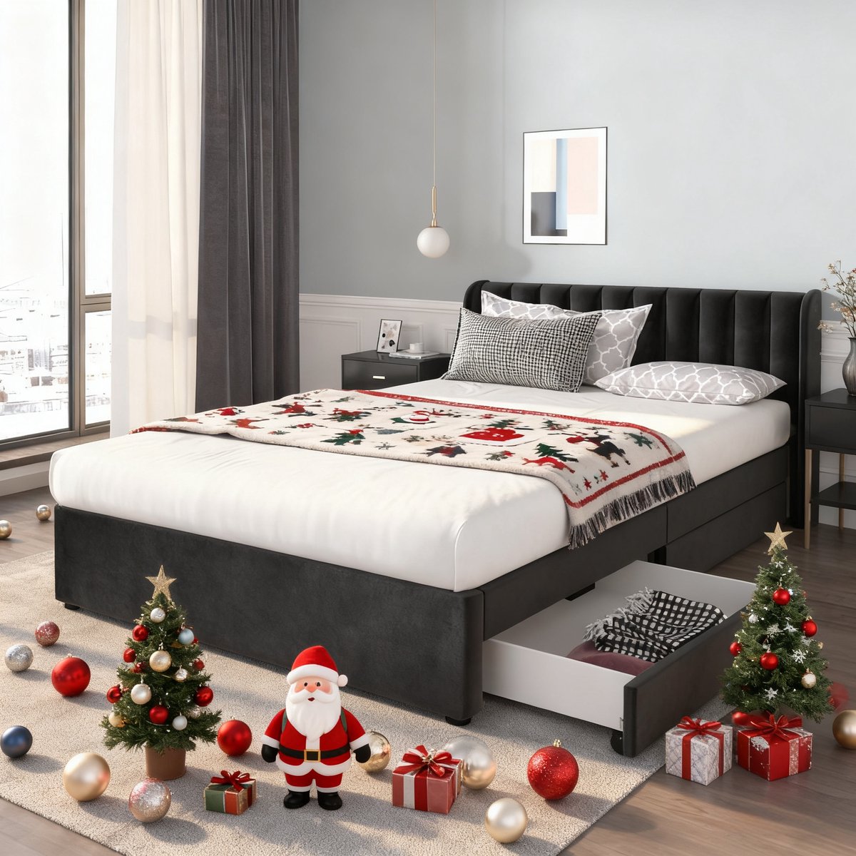 KOMHTOM Tweepersoonsbed 160x200 cm Bed met Laden Gestoffeerd Bed Volwassene Met Boxspringrug 2 Laden Zwart