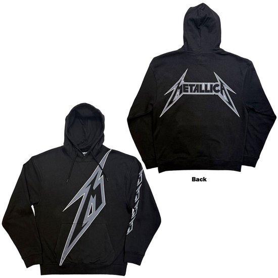 Zwarte hoodie met op de voorkant en mouwen een zilveren Metallica logo. Op de achterkant een groot zilveren Metallica logo.