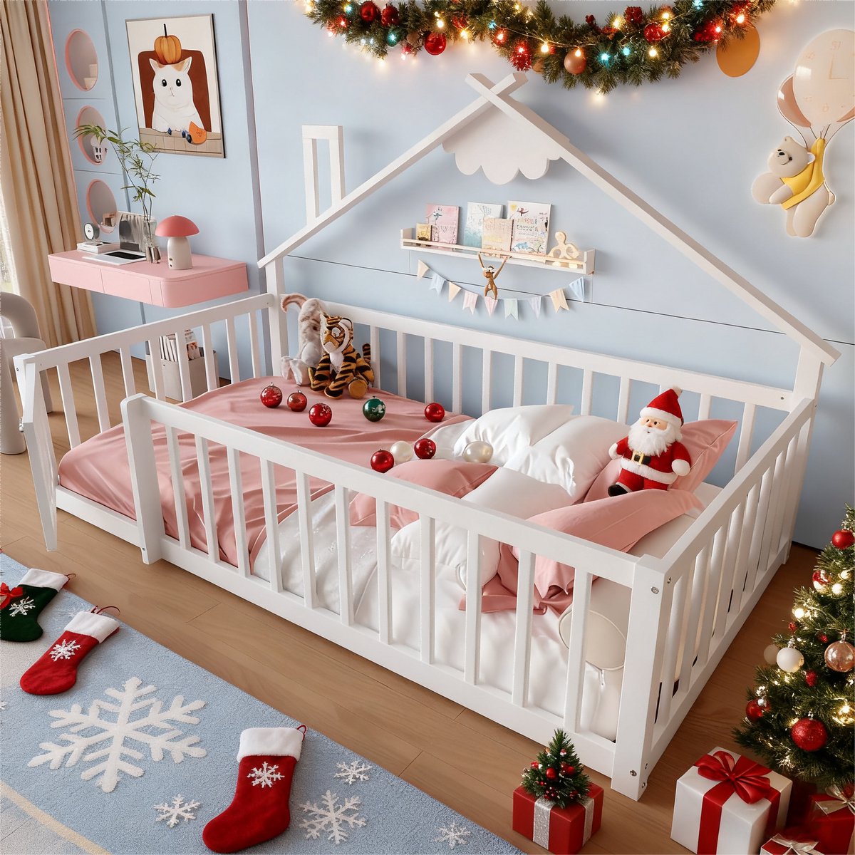 KOMHTOM Plat bed, 90x190 cm, kinderbed, plint, hekje met slot, grenenhout, wit