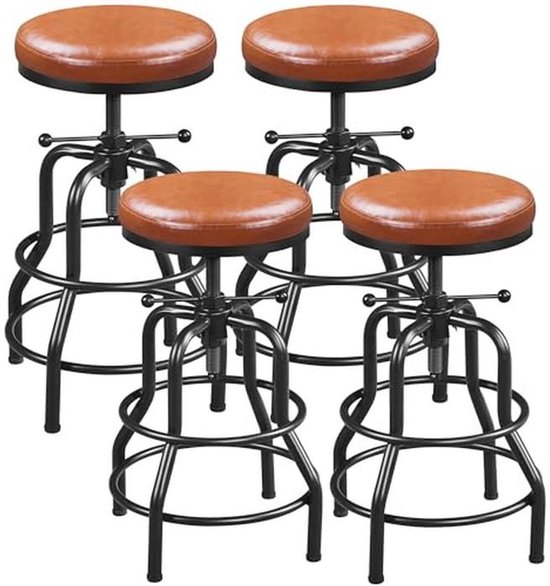 Yaheetech 4-delige vintage barkruk, in hoogte verstelbare schroefkruk, 54, 5-71,5 cm, barstoel met dik kussen, tot 136 kg belastbaar, voor eetkamer/ keuken/bar/salon/café, zwart