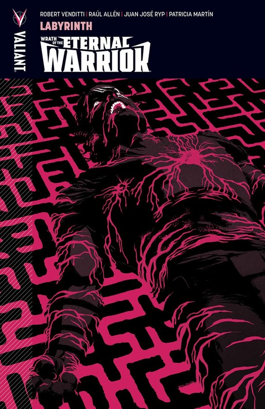 Duistere figuur met gloeiende rode aders op een roze labyrintachtergrond. "Wrath of the Eternal Warrior" in witte letters.