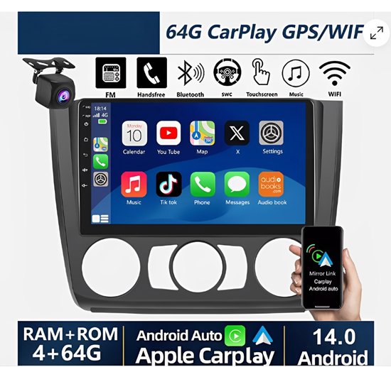 9Inch Auto Radio Navigatie Android 14 - Met Toepasselijk Car-play voor BMW 1-Series E88 E82 E81 E87 2004-2011 | GPS Aftermarket