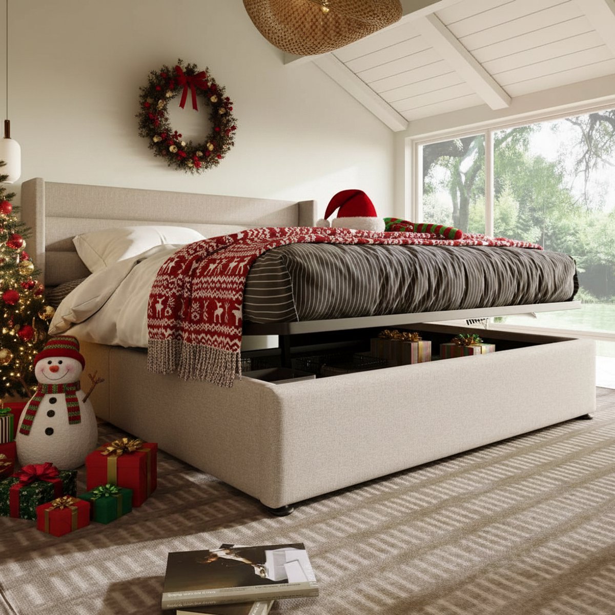 KOMHTOM Tweepersoonsbed Bed 140x200 cm Commode bed Opbergbed Bedframe Gestoffeerd Houten lattenbodem in Linnen wit