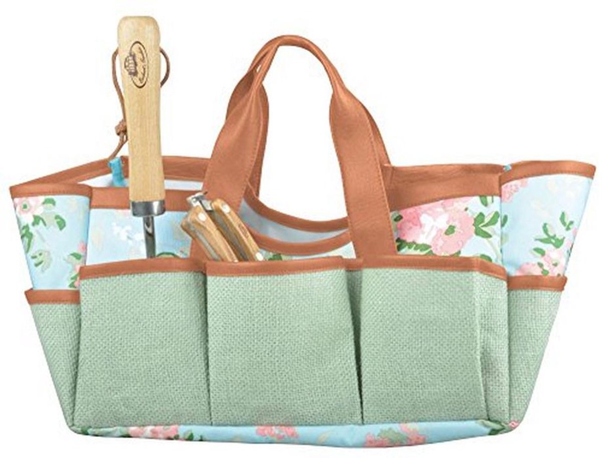 Jute Tuingereedschapstas met Rozenprint - 29 x 24 x 25 cm - Opvouwbaar en Met Draagriem