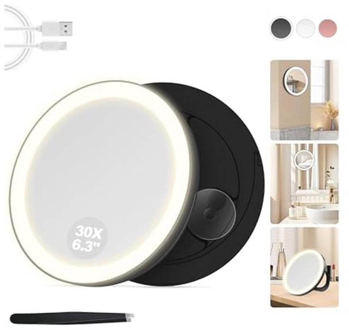 Cosmeticaspiegel met verlichting en 30-voudige vergroting voor perfecte make-up