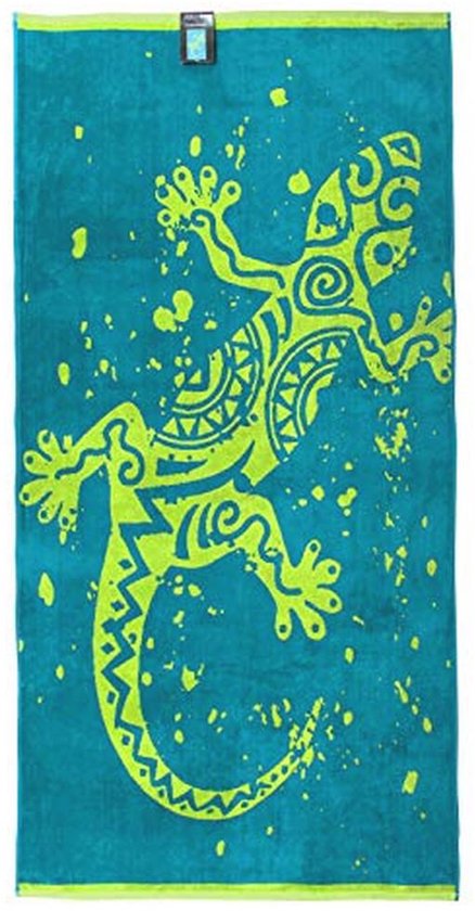 Turquoise strandlaken met een grote, gestileerde limegroene gekko en turquoise spetters.
