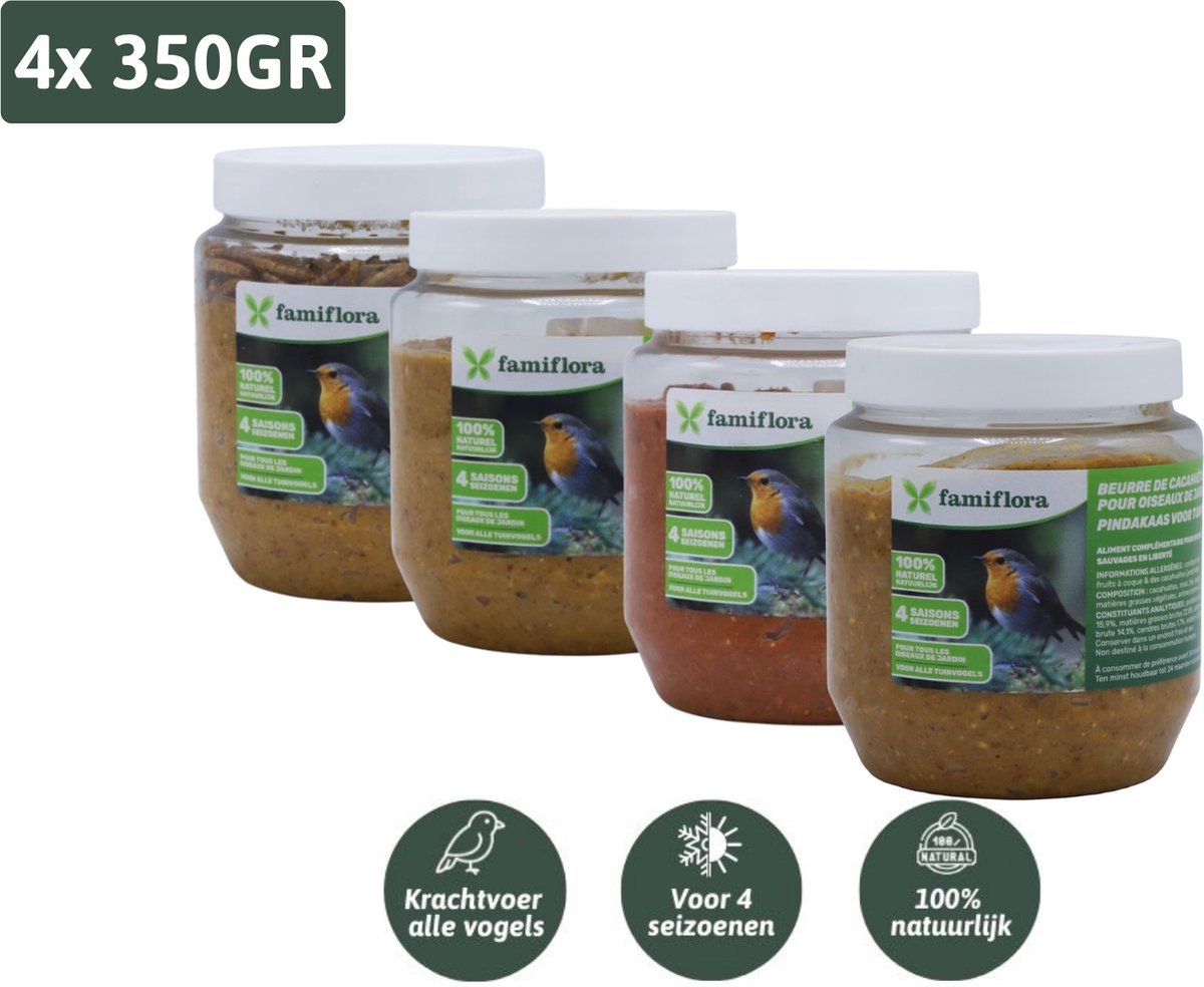 Famiflora vogelpindakaas startpakket - Natural + Meelwormen + Bosvruchten + Appel - Pindakaas voor vogels - Geschikt voor alle tuinvogels zodat ze energieker door de winter komen