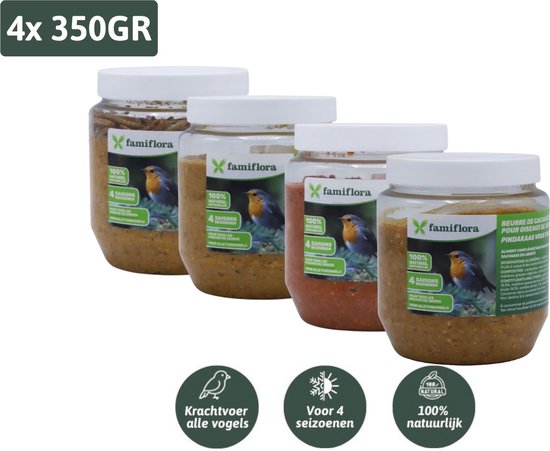 Famiflora vogelpindakaas startpakket - Natural + Meelwormen + Bosvruchten + Appel - Pindakaas voor vogels - Geschikt voor alle tuinvogels zodat ze energieker door de winter komen