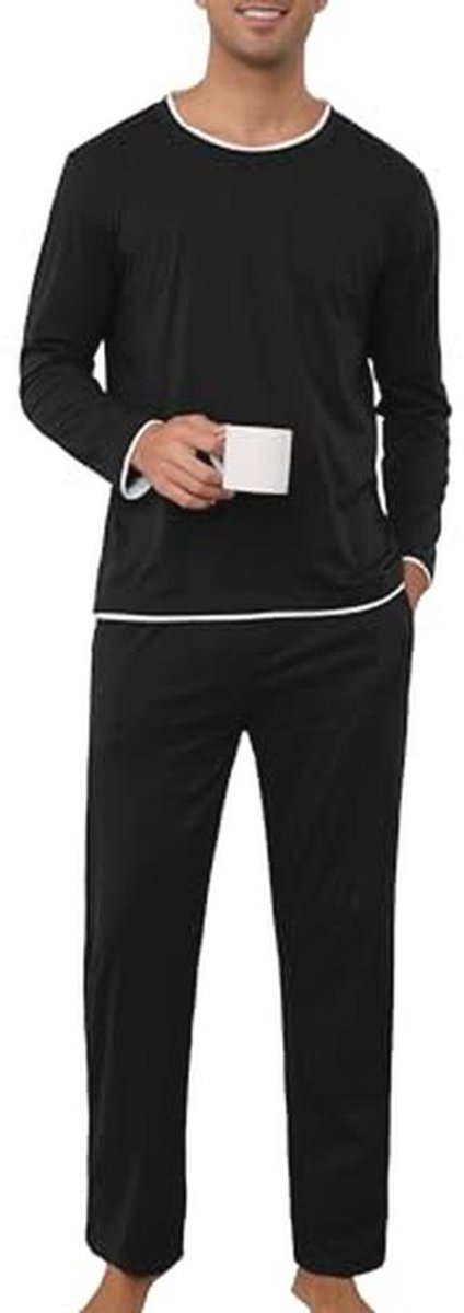 Lange katoenen winterpyjama voor heren - tweedelige loungewear-set met ronde hals en lange mouwen