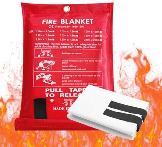 Rode branddeken met zwarte bandjes, maten en instructies voor gebruik.