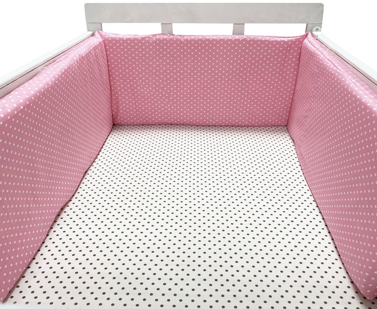 Il Bambini - Bedomrander 180x30cm - Baby Bedbumper Ledikant - Katoen - Roze met stipjes