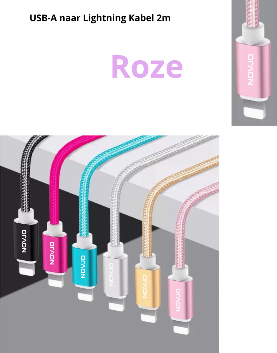 NOVJO® USB-A naar Lightning Kabel 2m – Snel Opladen & Datatransfer - Roze