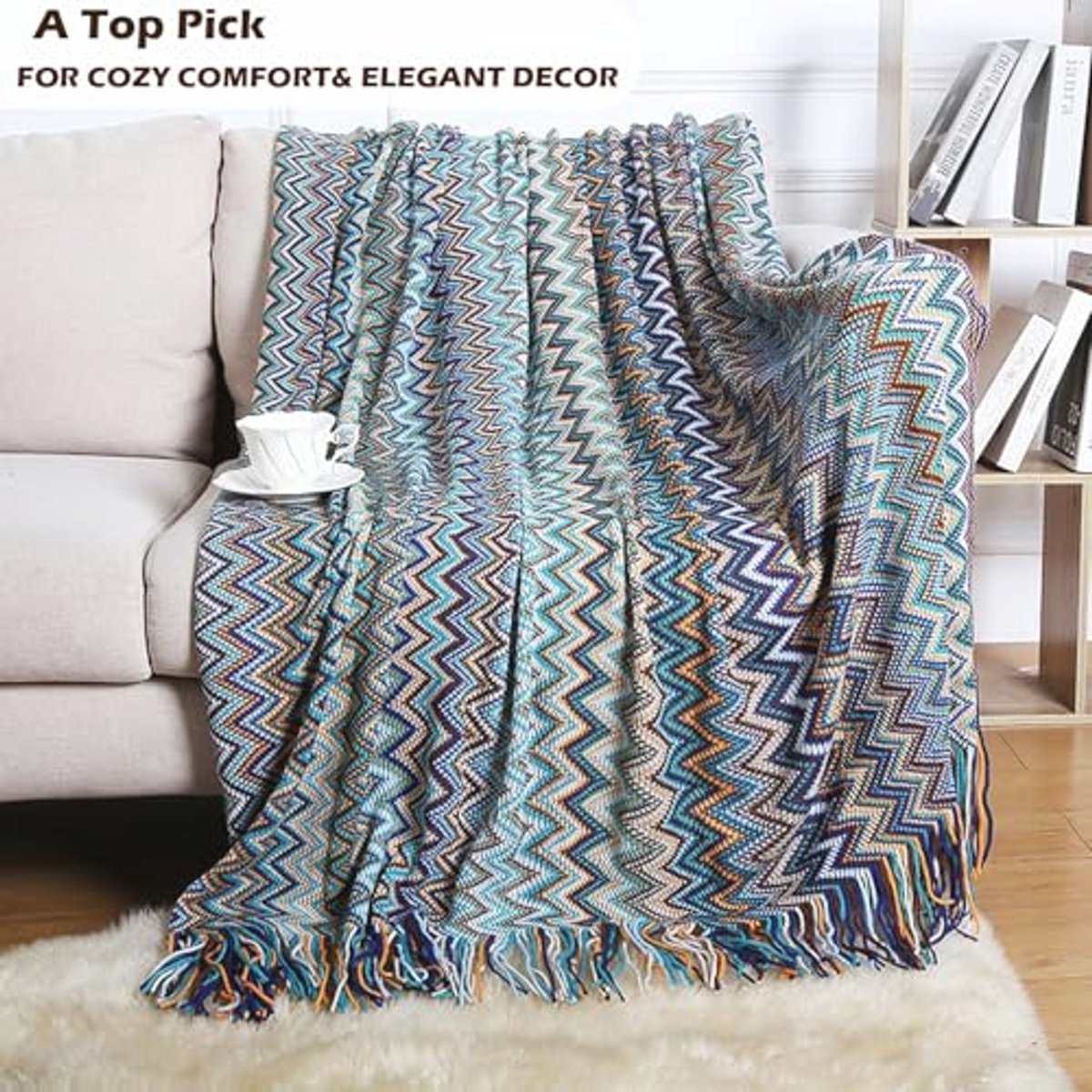 Grote blauwe plaid 130 x 230 cm - Boheemse warmte, zachte, huidvriendelijke decoratieve getextureerde deken voor bank en meubels