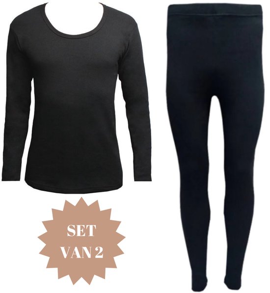 Haut thermique noir à manches longues et pantalon thermique noir, inscription 'Set van 2'.