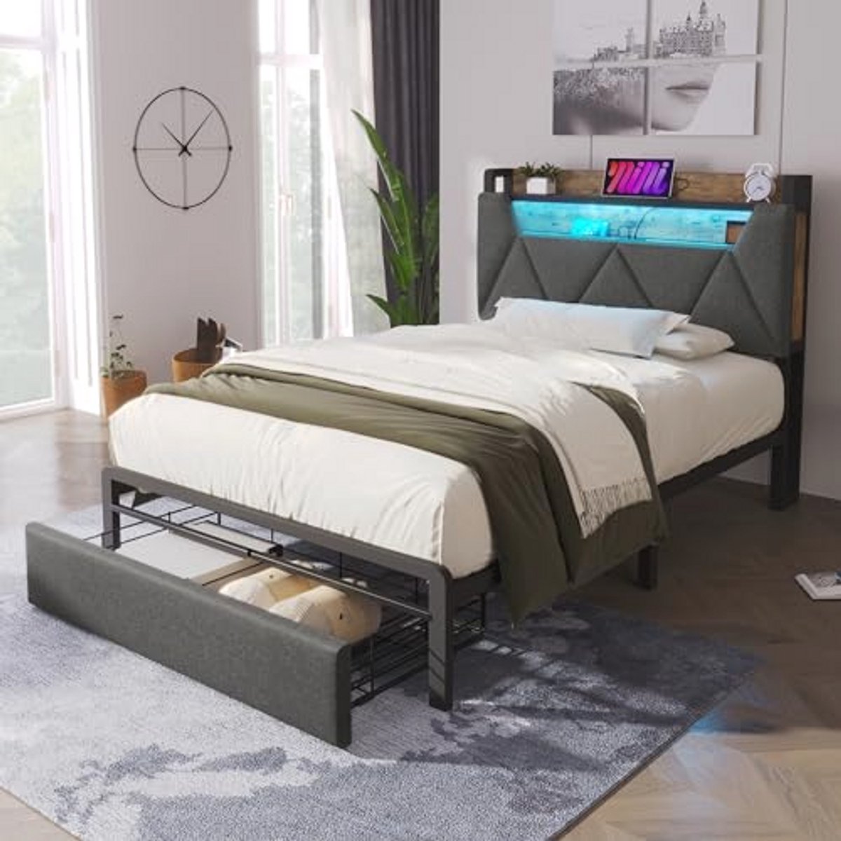 Gestoffeerd Eenpersoonsbed 90 x 200 cm met Opbergruimte en USB Oplaadfunctie