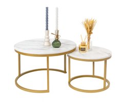TUUSO® Luxe Salontafel Set - Marmerlook Wit - Gouden Frame - Ø70 + Ø50 cm - 2-Delig & Inschuifbaar