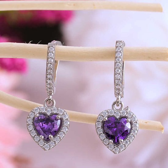 Boucles d'oreilles pendantes en argent pour femme - Cœur orné de cristal violet - Handgemaakt - Argent sterling 925 - Avec pierres - Romantiques et Elegant