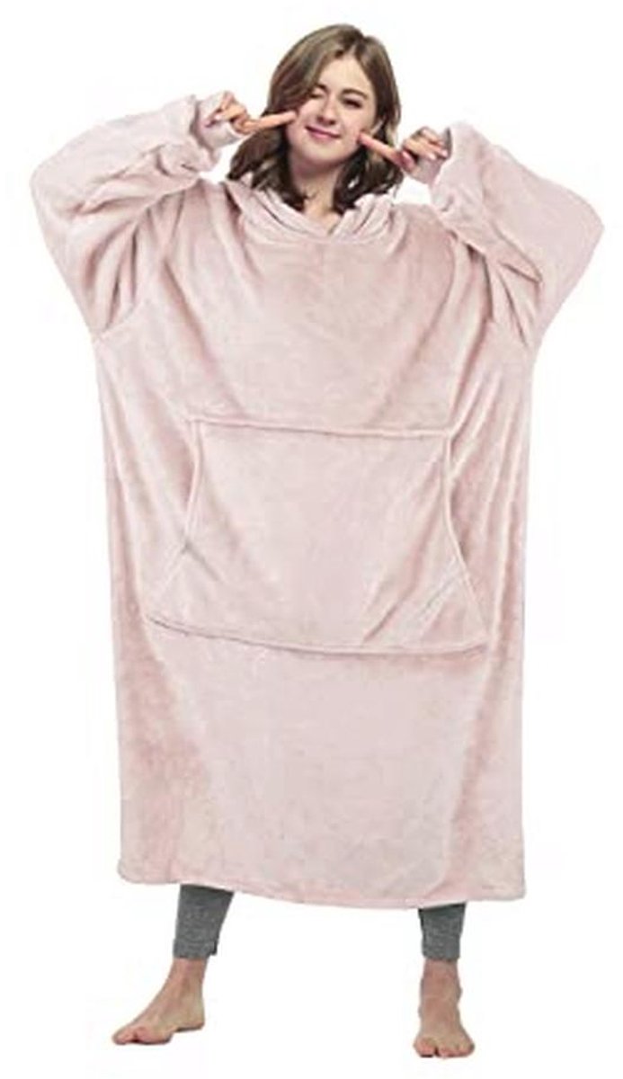 Extra grote fleece capuchondeken voor volwassenen en kinderen - draagbare, zachte en comfortabele sweatshirtdeken met capuchon in roze