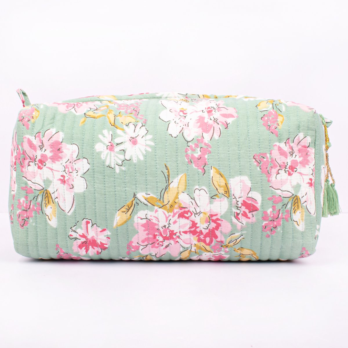 Bambooya make-up tas - Bohemian - Ibiza Style - Made in India - Tassel - lichtgroen pastelbloemen - Small ( 17 x 12 x 7 cm )