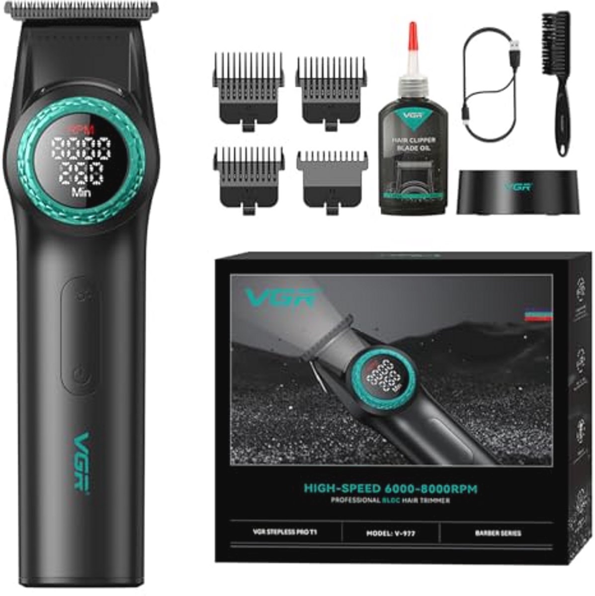 Professionele Haar Tondeuse voor Mannen met T-Blade, Draadloos en Oplaadbaar, 8000 RPM