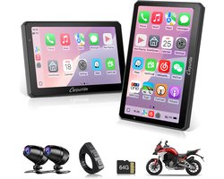Carpuride W712D - CarPlay-scherm - motorfietsen - 1080P HD dubbele dashcam - 7 inch - waterdicht - draaibaar - touchscreen - draadloze CarPlay en Android Auto - bedrade controller - navigatie.