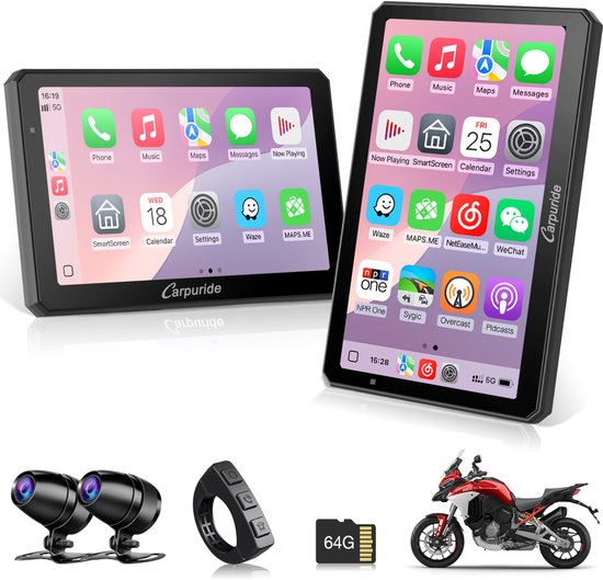 Carpuride W712D CarPlay-scherm voor motorfietsen met 1080P HD dubbele dashcam, 7 inch waterdicht draaibaar touchscreen, ondersteuning voor draadloze CarPlay en Android Auto, Bluetooth-audio, bedrade controller, lusopname en navigatie.