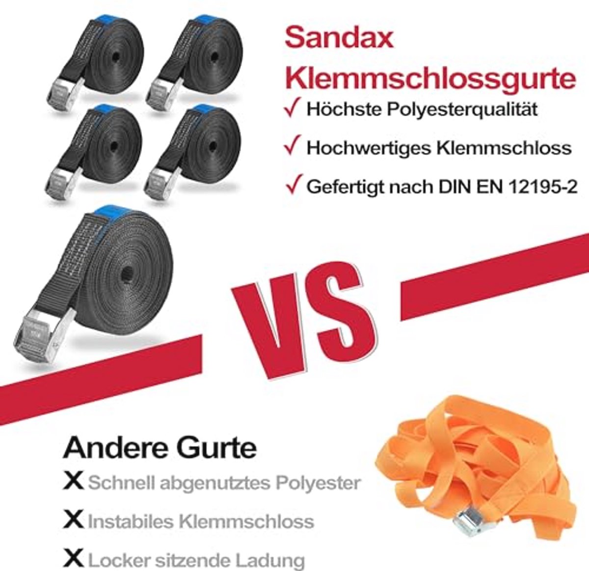 Spanbanden met klemsluiting 6 stuks - Belastbaar tot 250 kg - 6 m x 25 mm - Eendelig - Zwart - Perfect voor Ladingbeveiliging
