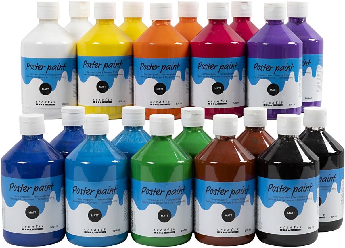 Plakkaatverf Verschillende kleuren | Tempera Verf set | Poster Paint assorti | Waterbasis | 20 x 500 ml | 1 doos