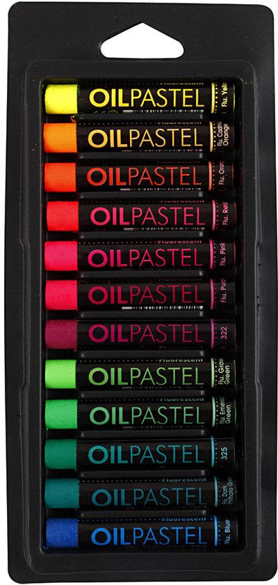 Set van 12 fluorescent gekleurde oliepastels in zwarte kunststof houder.
