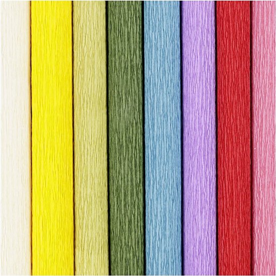 Close-up van 8 rollen crêpepapier: crèmekleur, geel, lichtgroen, donkergroen, lichtblauw, paars, rood en roze.
