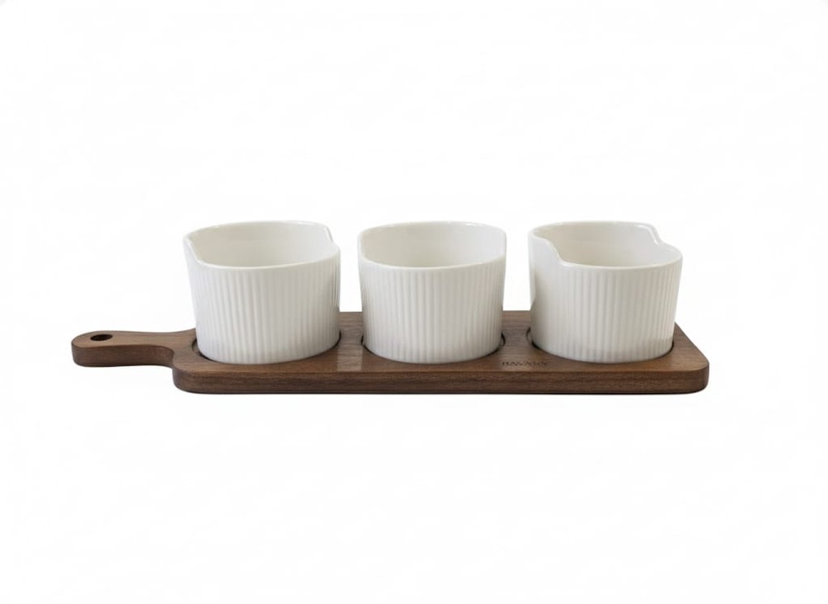 Bavary Collection Linens – Snackset 3-delig – Porseleinen Snackbakjes op Acaciahouten Serveerplank – Luxe Serveerset voor Snacks & Dips