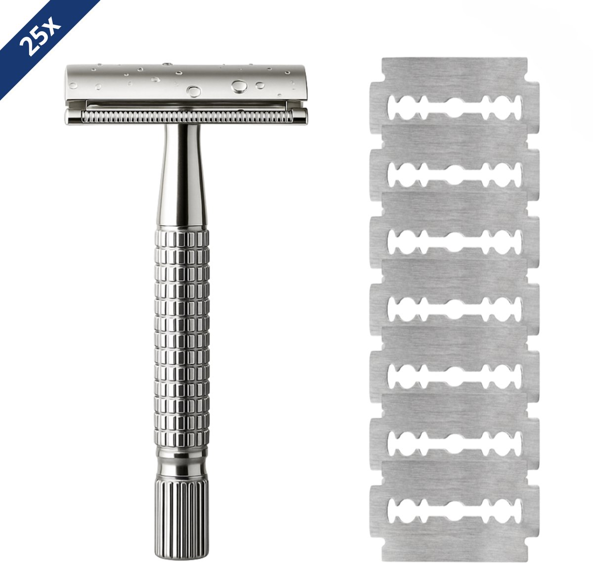 INTER-ESQUE Safety Razor met 25 Scheermesjes – Roestvrij Staal – Zilver