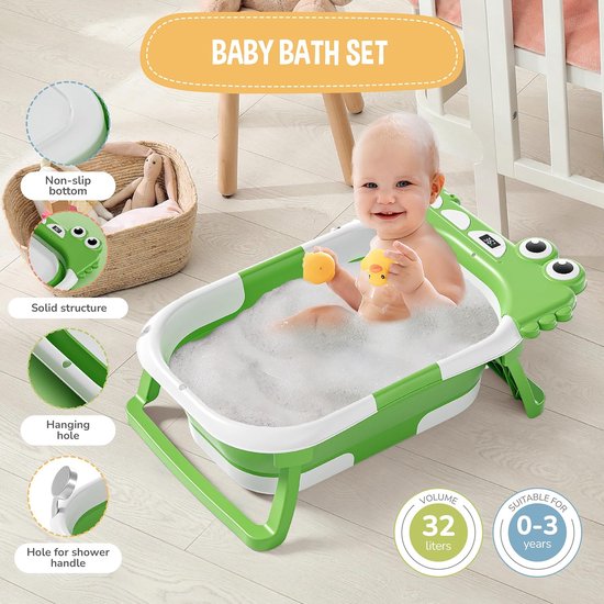Baby Bad - Baby Badje met Standaard - met Kussen en Thermometer - XXL - Babycadeau - Opklapbaar Bad - Groen van Merkloos — afbeelding 4
