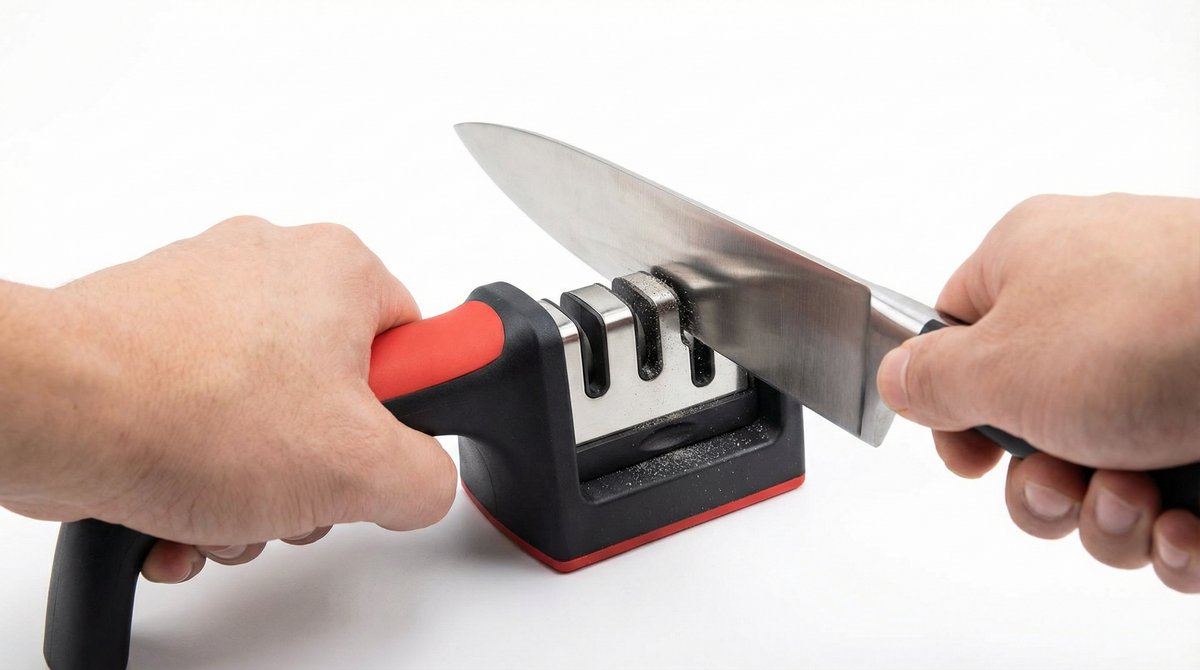 4-in-1 Messenslijper – Diamant & Keramisch – Schaar- & Messen Slijper – Duurzaam RVS – Snelle Handmatige Slijper – Zwart/Rood (Easy cooking live)