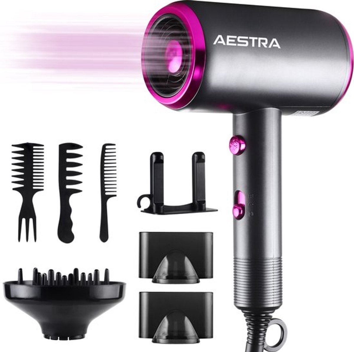 Föhn met Diffuser - 1800W - Aestra - Haardroger - 3 Opzetstukken - Ionische Functie - Platinum
