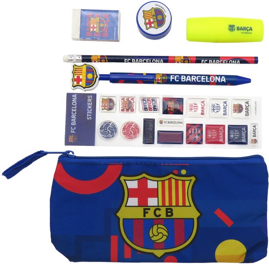 FC Barcelona schrijfwarenset met blauwe etui, potlood, pen, gum, puntenslijper, markeerstift en stickers.