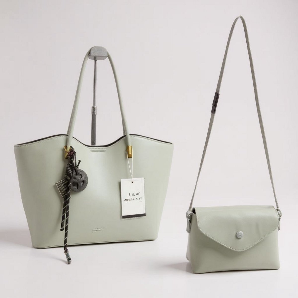 TK-S set Schoudertas-shopper + clutch-handtas met schouderriem, lichtgroen