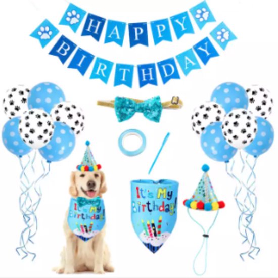 Hond met verjaardagsbandana en feestmuts, blauwe ballonnen, slinger 'HAPPY BIRTHDAY', strik.
