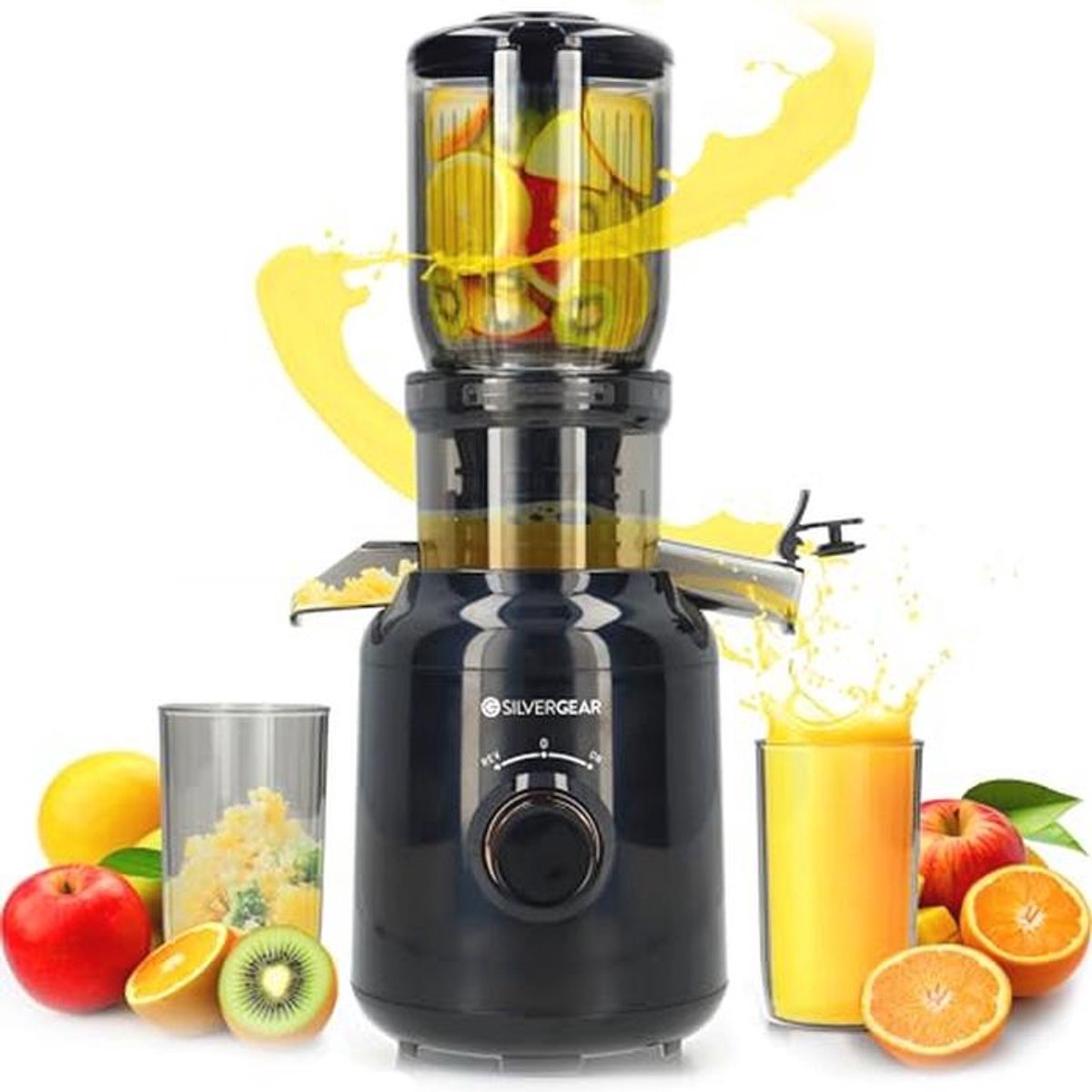 Silvergear® Slow Juicer | For Fruit and Vegetable Juices | Juicer Electric Powerful Motor with 60 RPM | 103mm Opening | 2x 450ml Collection Bin | BPA Free | Slow Juicer 250 W | Black