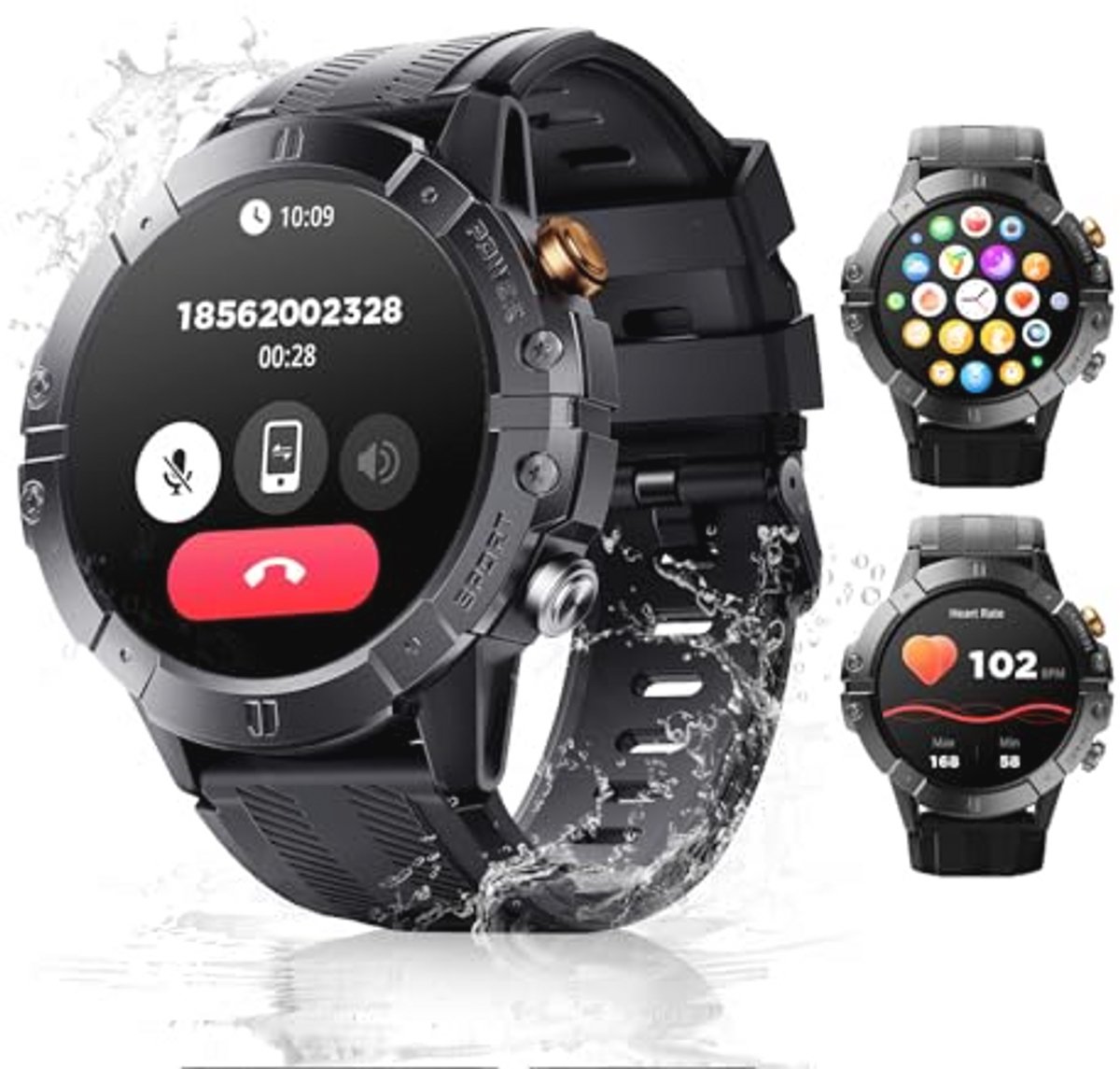Smartwatch voor heren en dames, 1,52 inch smartwatch met bluetooth-oproep, 120+ sportmodus, slaap, hartslagmeter, waterdichte smartwatch voor Android en iOS, zwart
