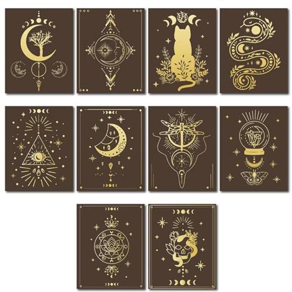 10 Stuks Canvas Prints Muurkunst Tarot Poster Hanger Set Zwarte Decoratie voor Woonkamer, Slaapkamer en Badkamer