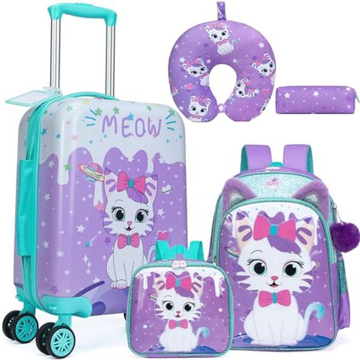5-Delige Kinderkoffer Set - Reisbagage met Rugzak, Nekkussen, Lunchtas en Pennenetui - Perfect voor Kinderen