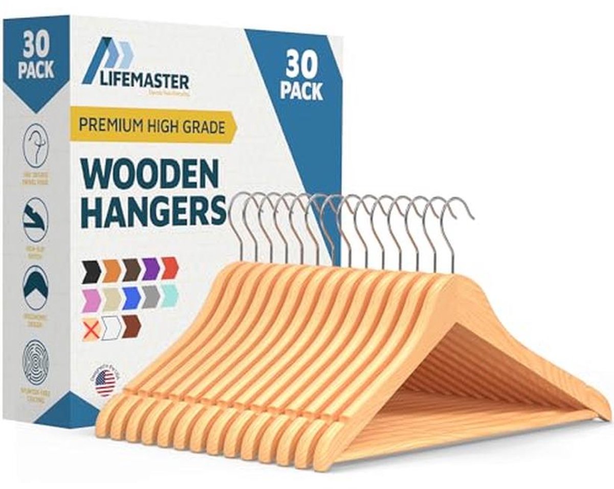 Duurzame massief esdoornhouten kleerhangers - set van 30 met roterende haken