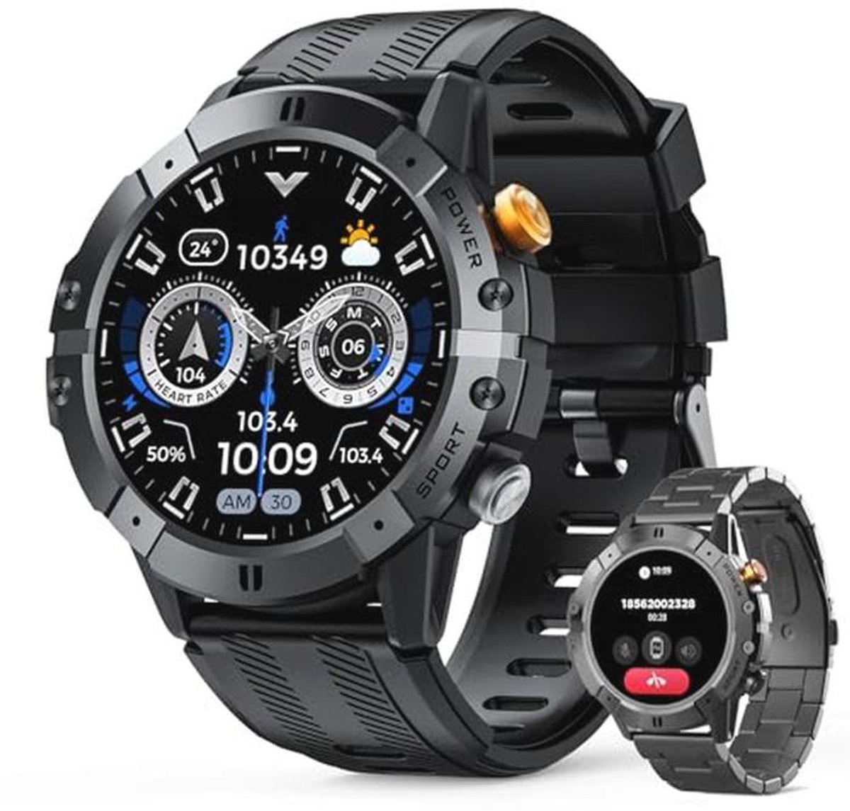 Militaire smartwatch voor heren met 1,52 inch HD-scherm en multifunctionele functies