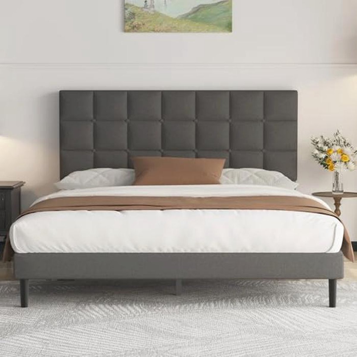 Tweepersoonsbed 140 x 200 cm met Hoofdeinde en Lattenbodem - Donkergrijs