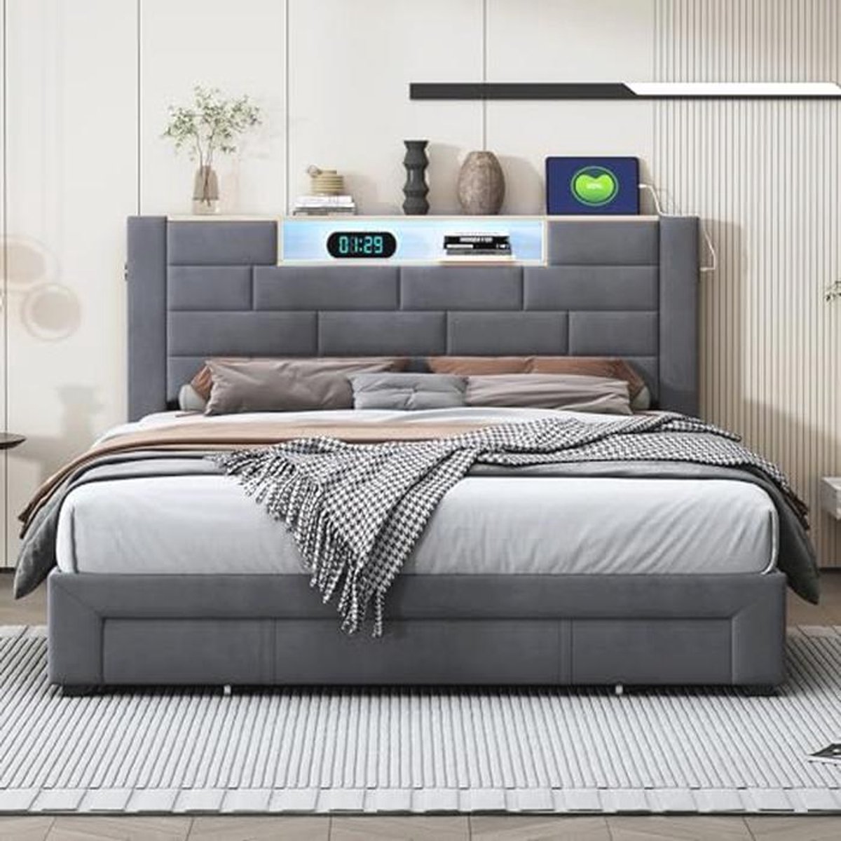 Slaapkamer meubel: Bedframe 140x200 cm met LED verlichting en USB oplaadfunctie