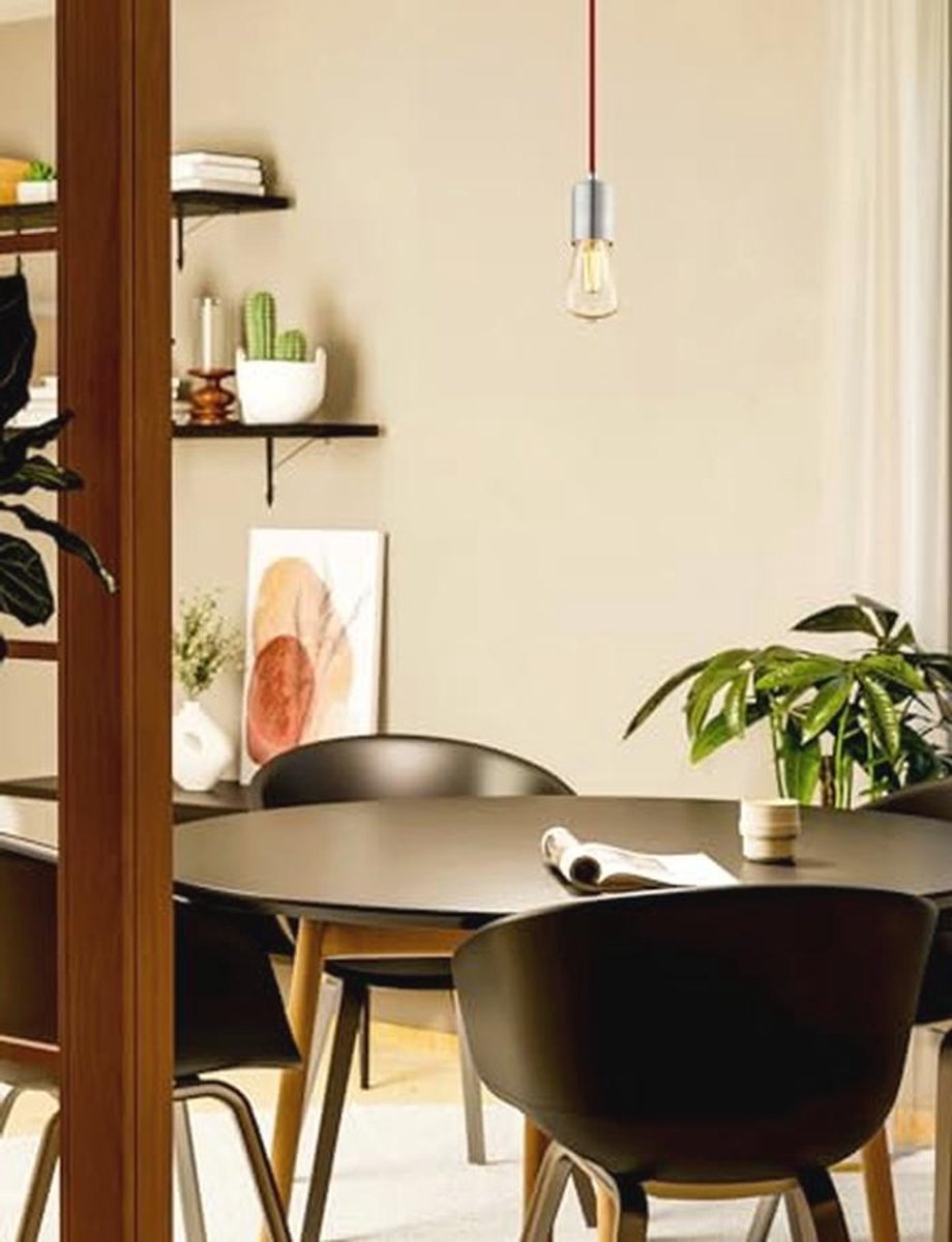Industriële 1-lichts hanglamp met vintage design - Stalen pendellamp met rood snoer voor e
